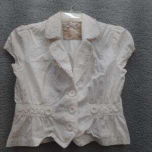 So wear it declair it White Short Sleeve Blazer Peplum Waist Notched Collar Sz L